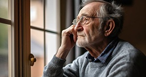 Senior man staring out a window